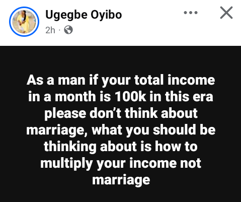 If your total income in a month is 100k don?t think about marriage - Nigerian woman tells men